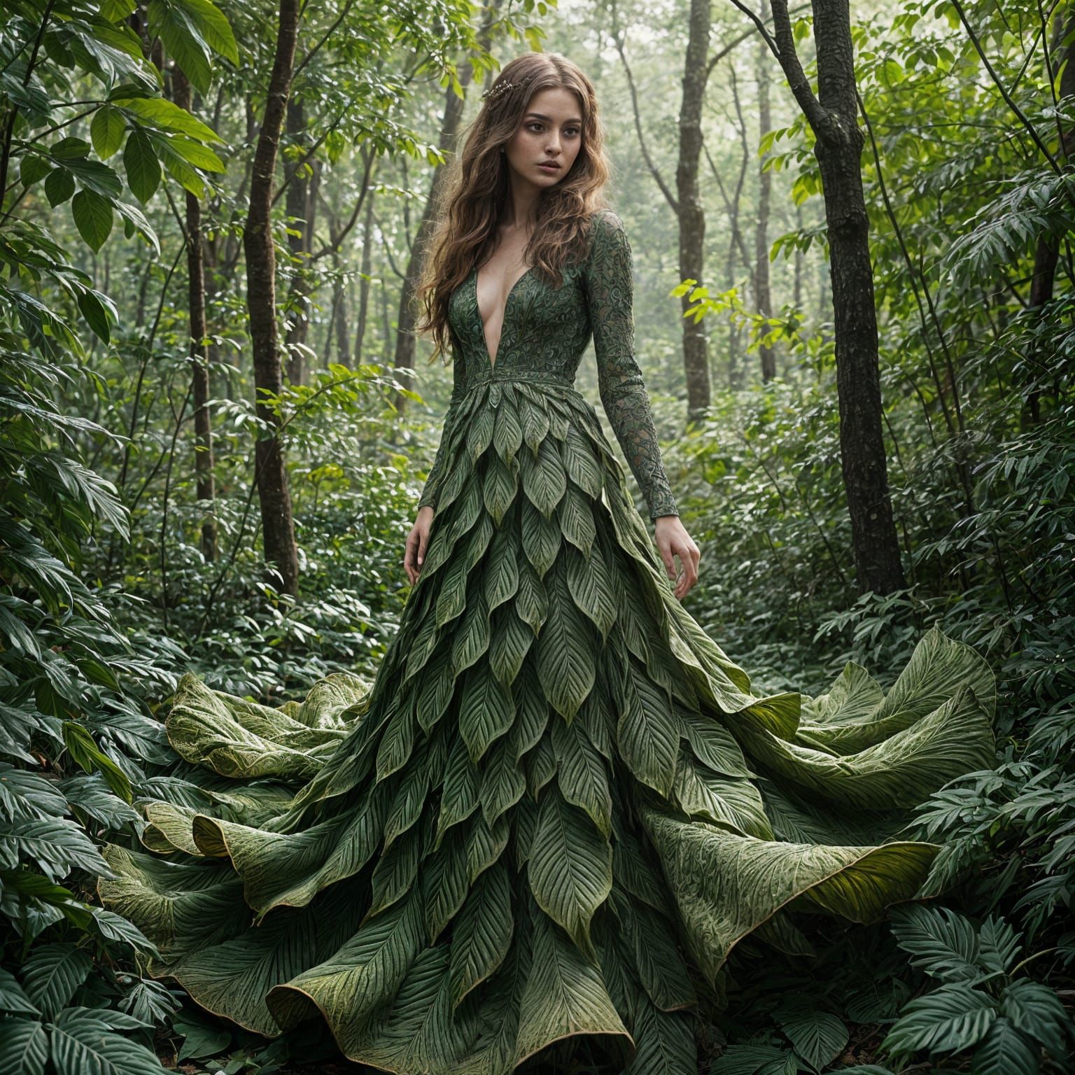 Woman in Leaf Dress, Hyperrealistic Forest Portrait