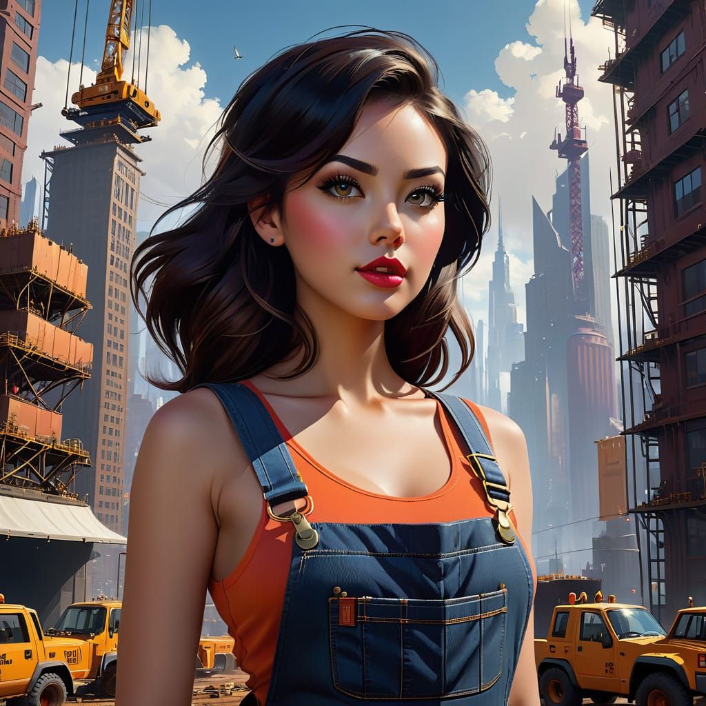Confident Dark-Haired Beauty on Construction Site