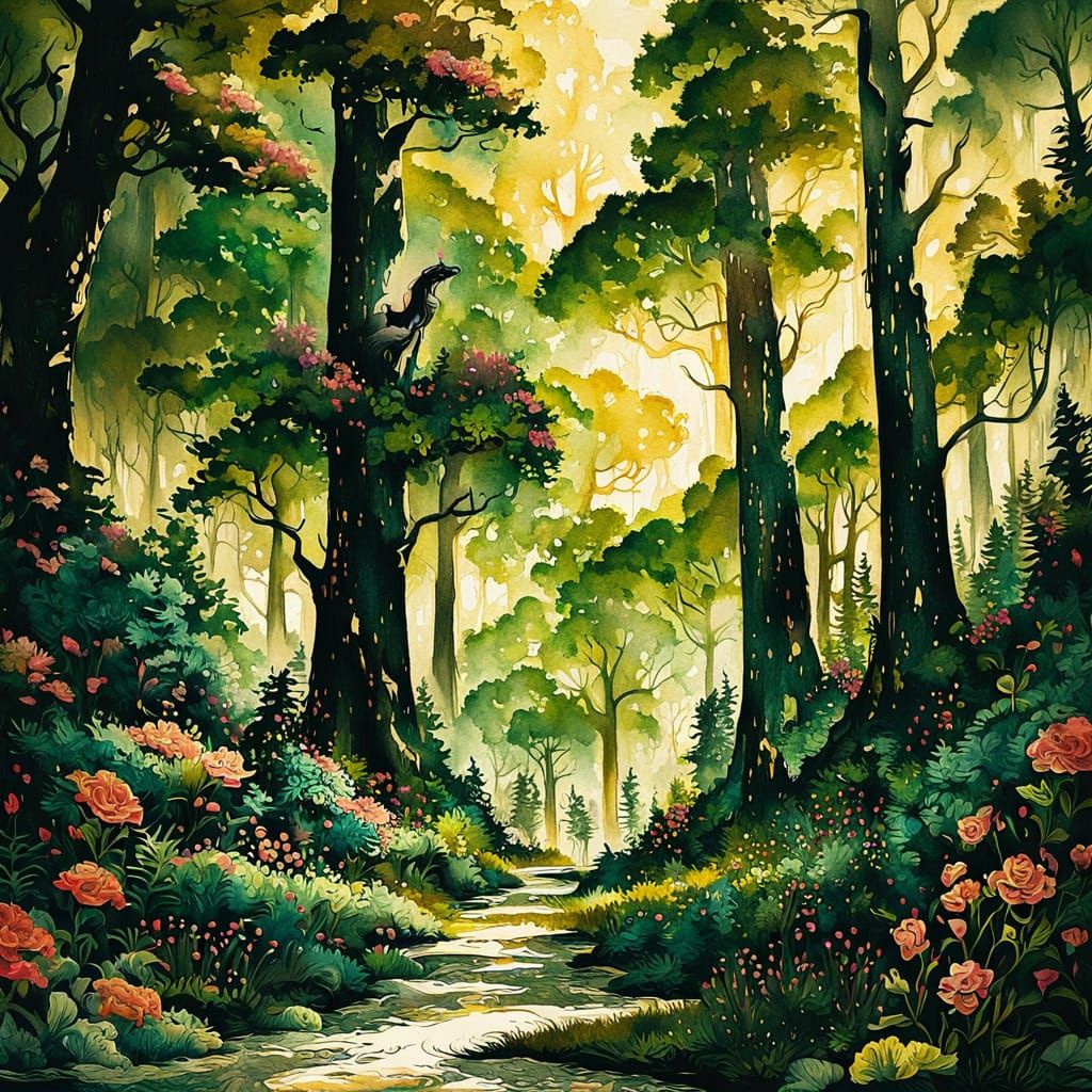 Botanical Ink Wash Painting of Blooming Tree