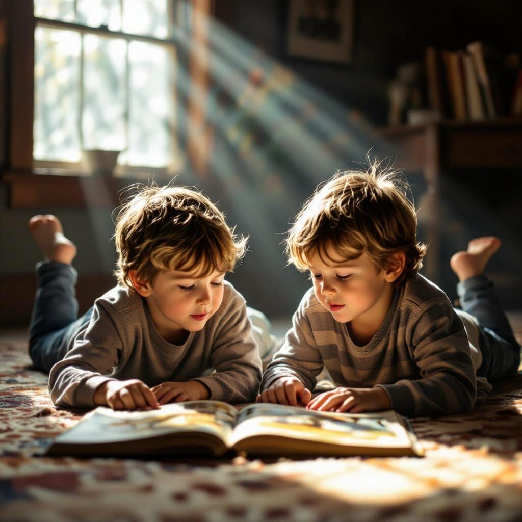 Boys Discovering Animals in Sunlight: Photographic Realism