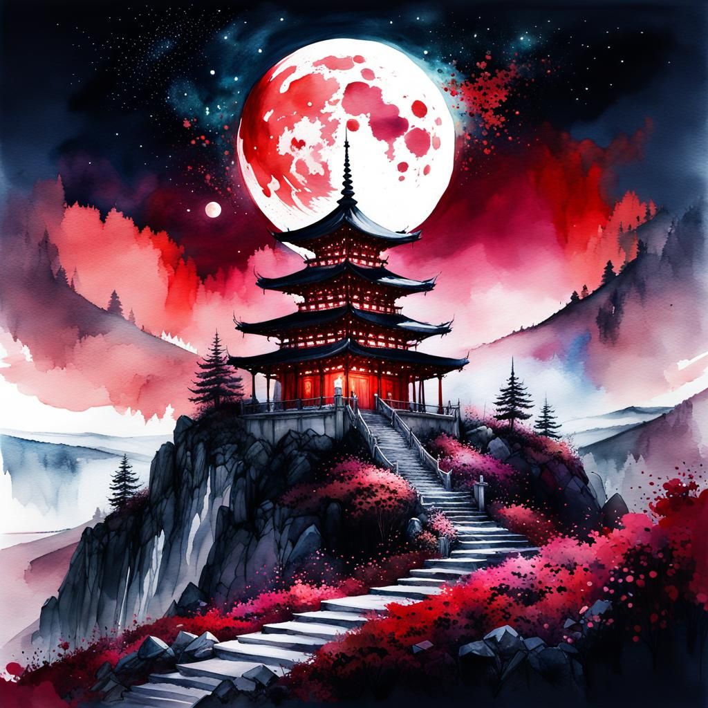 Red Temple Summerscape: A Digital Watercolor Fairytale