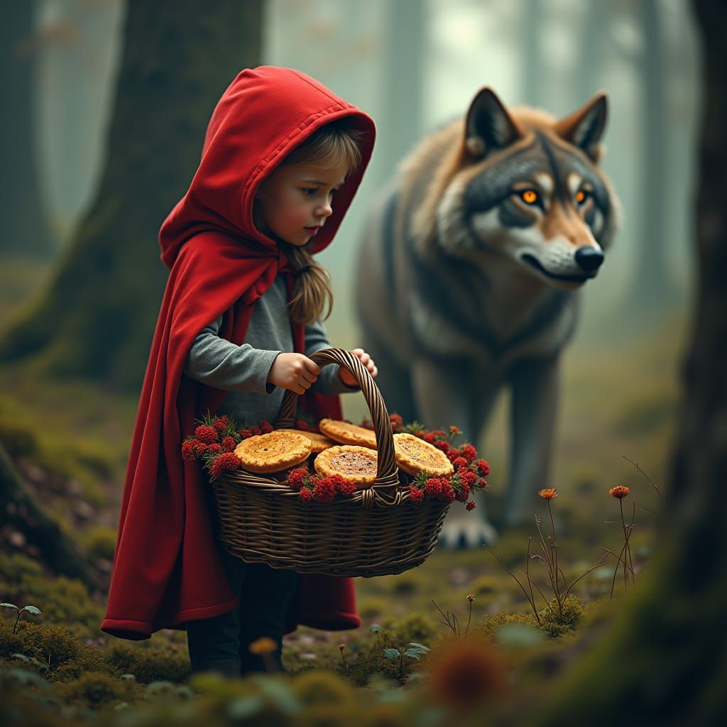Little Red Riding Hood's Forest Encounter in Hyperrealism