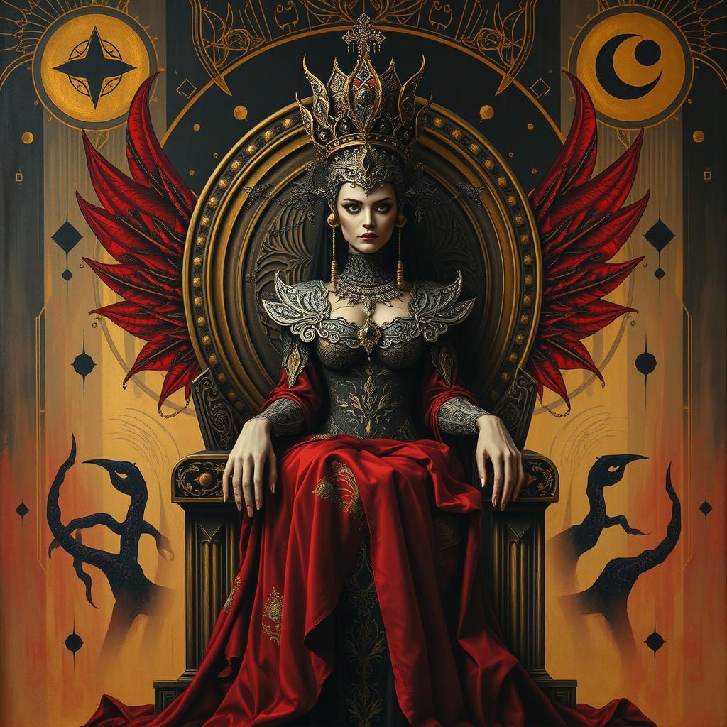 Dystopian Art Deco Queen on Throne in Heavy Metal Style