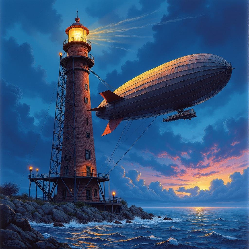 Steampunk Lighthouse in Stormy Twilight Sky