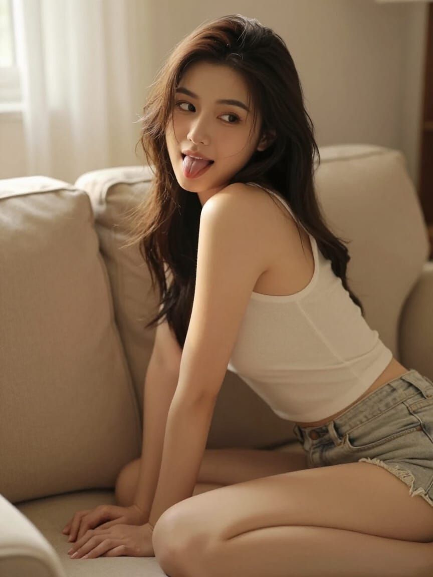 Playful Woman on Couch with Flirtatious Expression