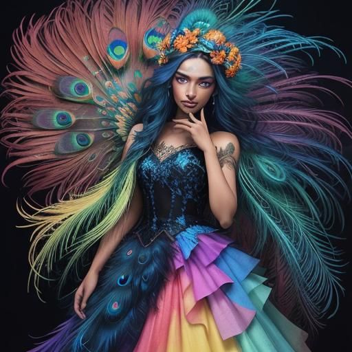 Peacock Woman in Dreamlike Splash Art