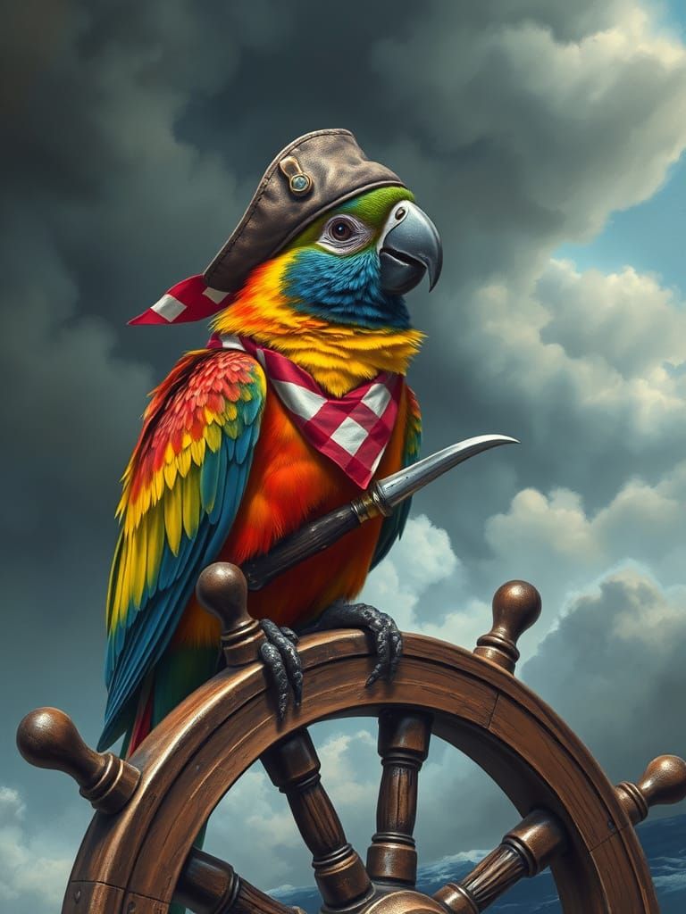 Rainbow Parrot Pirate on Ship's Wheel in Fantasy Art