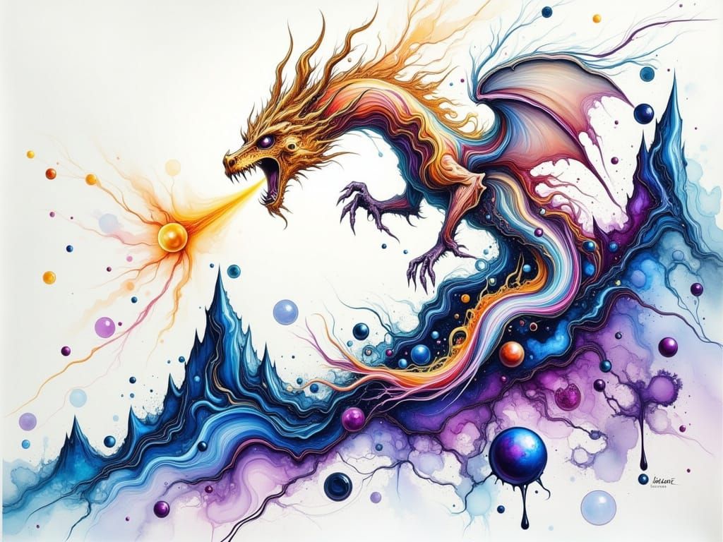Vibrant Alcohol Ink Dragon in Abstract Mountain Landscape