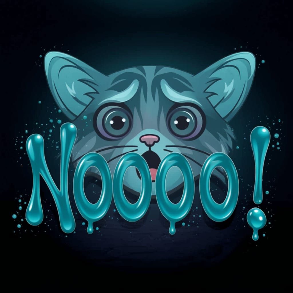 The word “NOOO!” in squiggly NEON TURQUOISE liquid font wher...