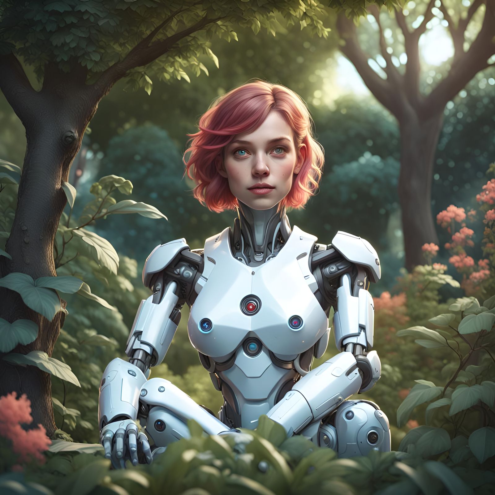 Robot Girl in Garden, Photorealistic Portrait