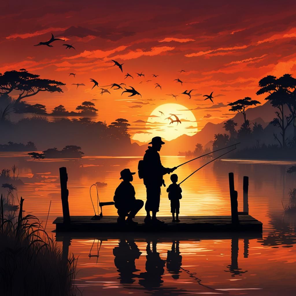 Father and Son Silhouette Art Unfolds in Vibrant African Sun...