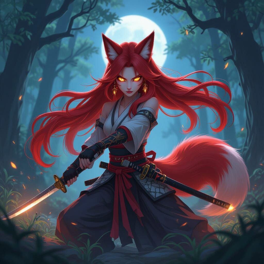 Kitsune Warrior with Katanas in Mystical Forest