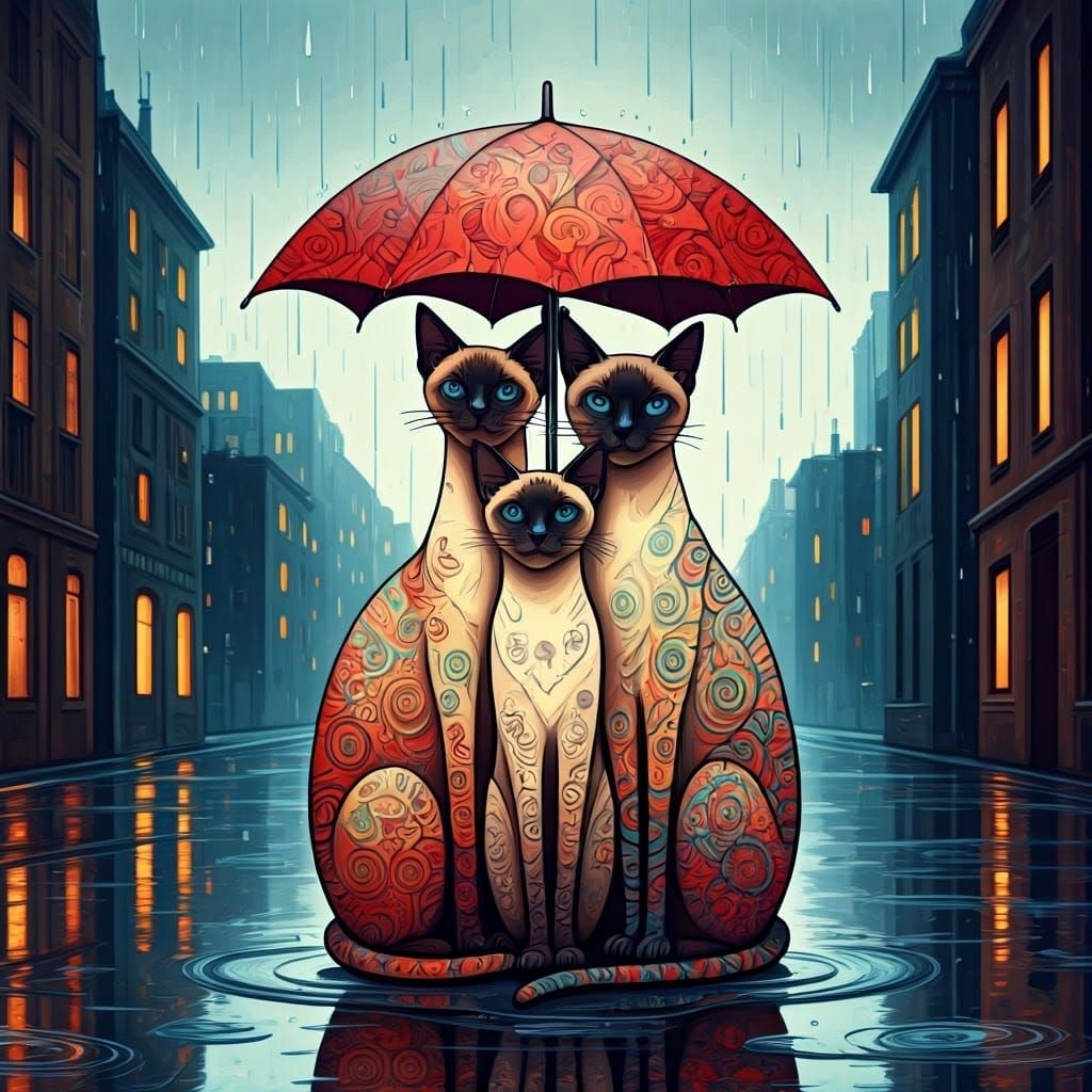 Vibrant Feline Umbrella Gathering in Dynamic Cityscape