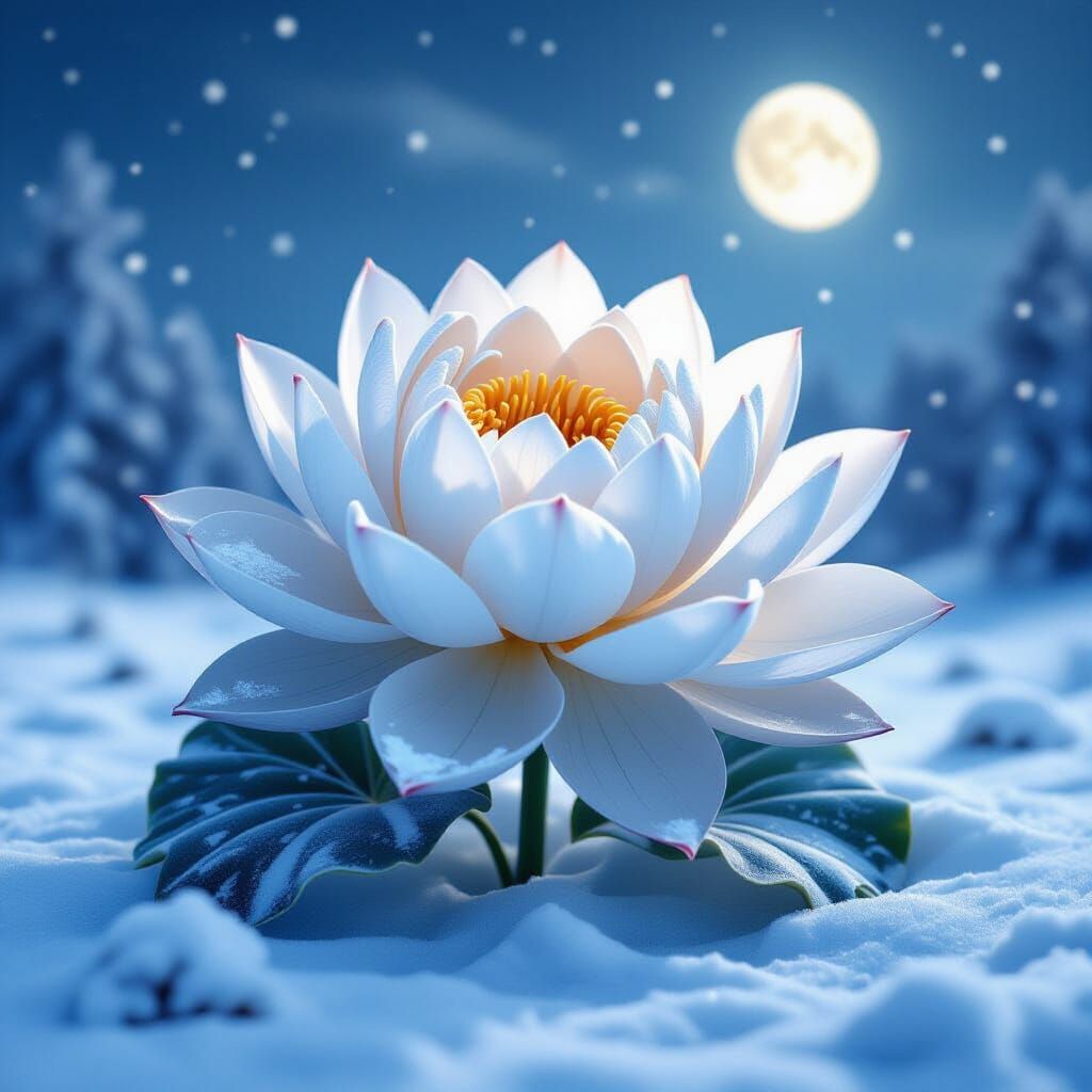 Majestic Ice Lotus Blooms in Ethereal Moonlit Snowscape