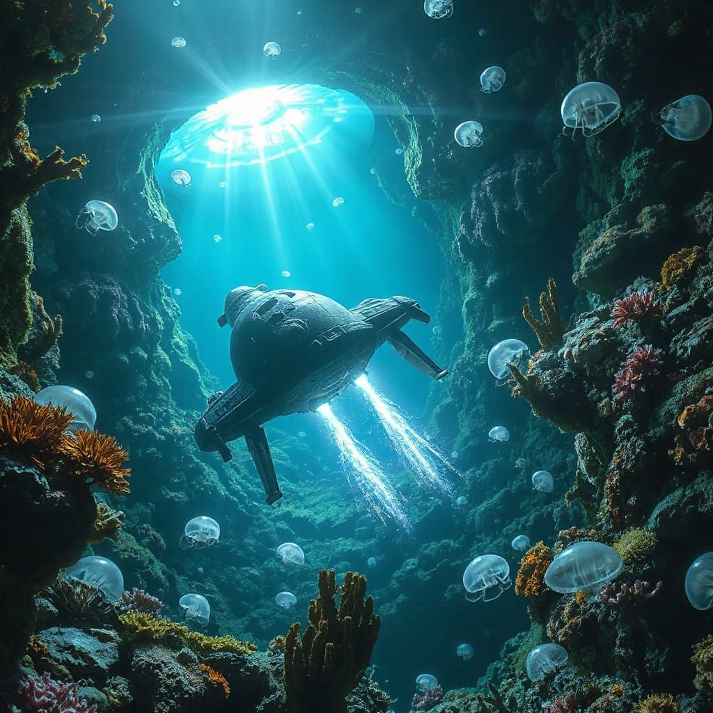 Submerged Alien Rocket Emerges in Ethereal Glow