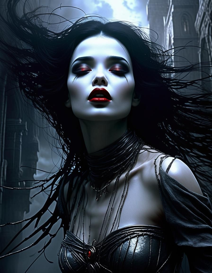 Ethereal Spirit with Ruby Lips and Dark Hair