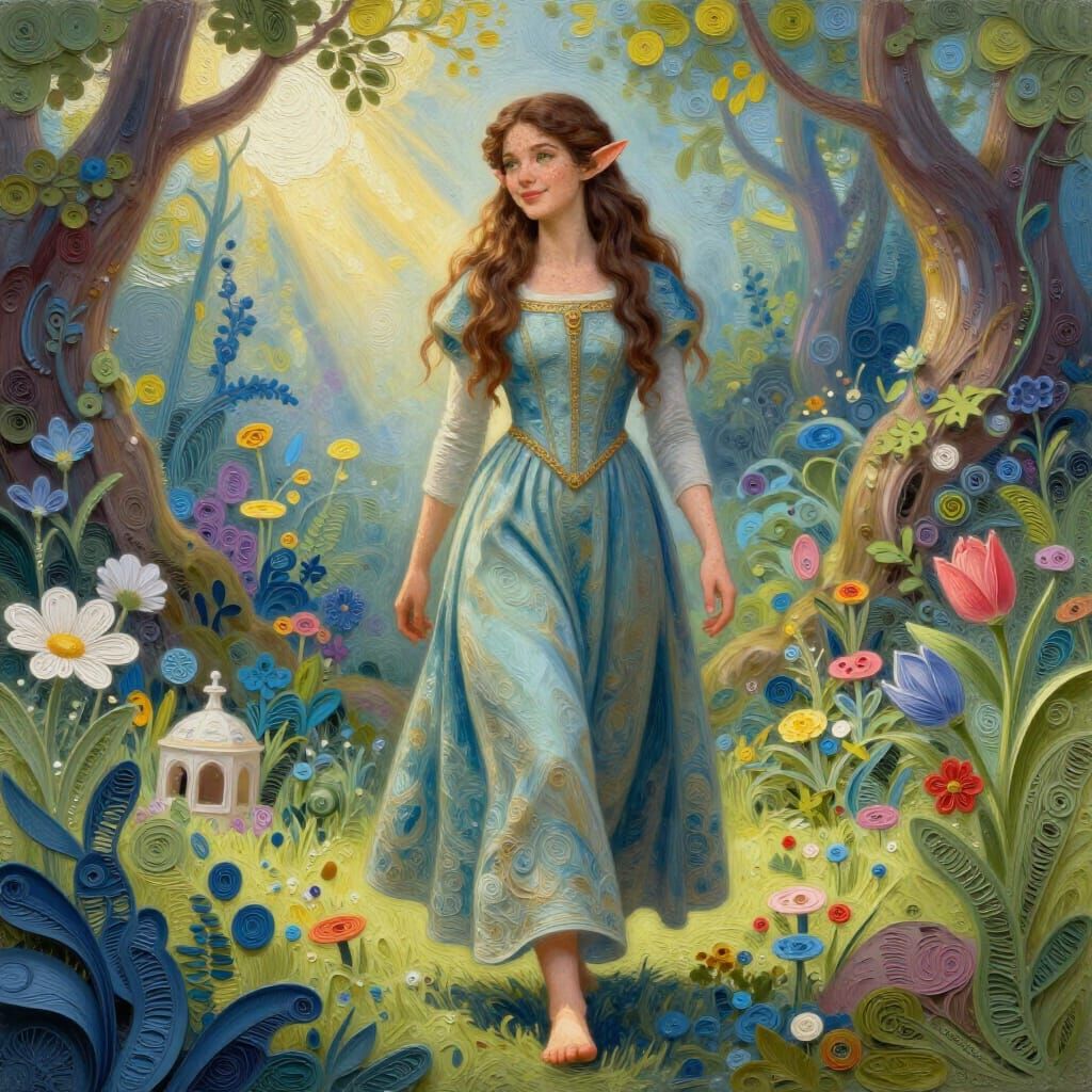 Elf Woman in Medieval Dress in Fairy Garden