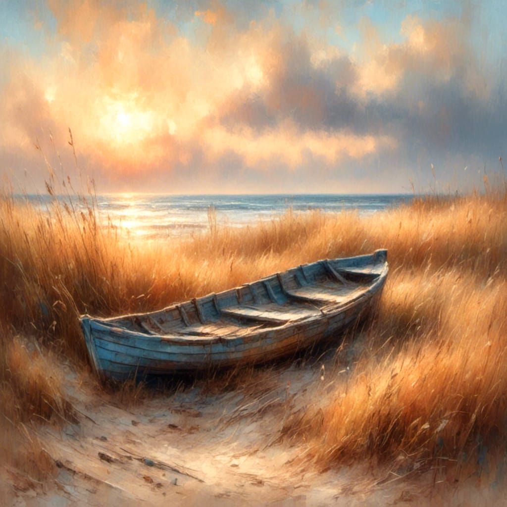 Impressionist Sunset: Weathered Boat on Sandy Beach