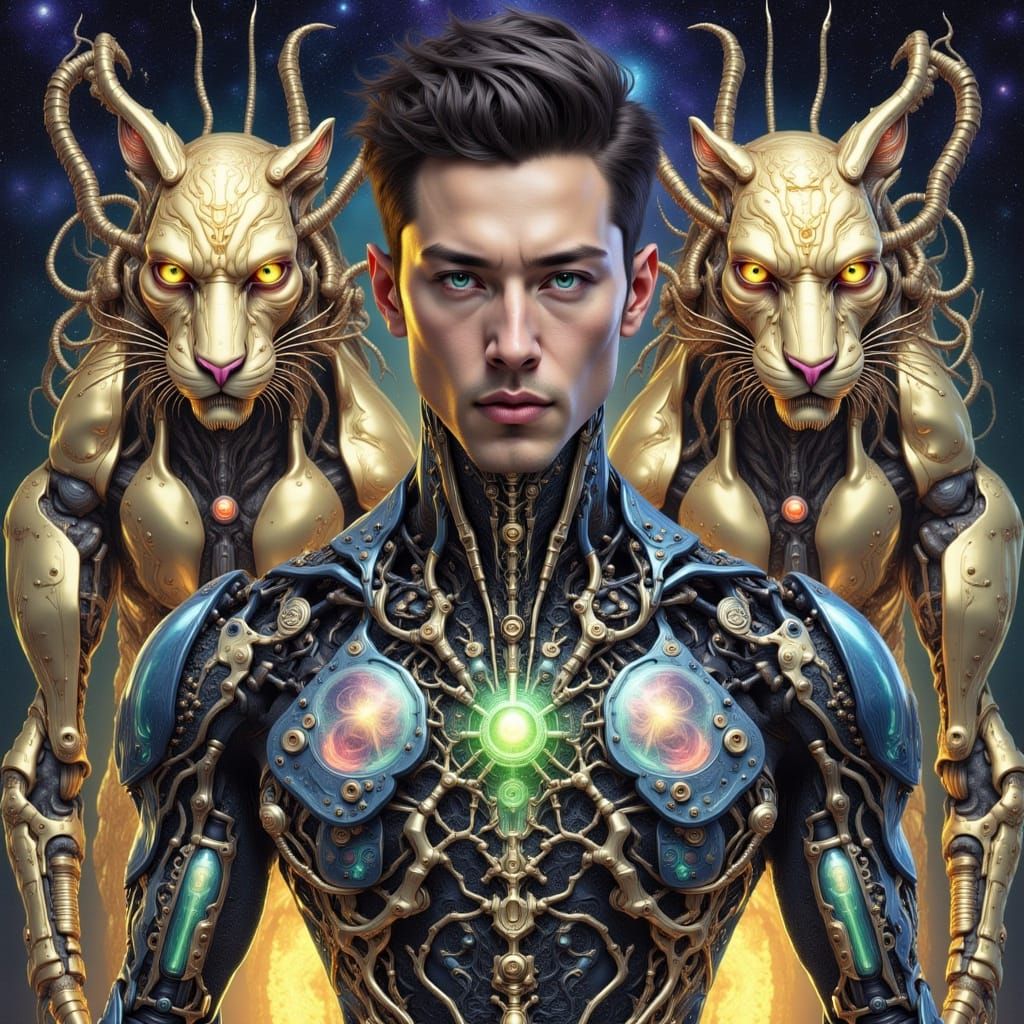 Galactic Samurai with Robot Tiger in Alien Woods