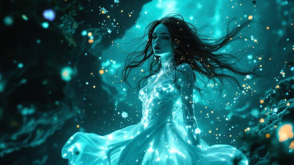 Bioluminescent Biomechanical Humanoid in Deep-Sea Abyss