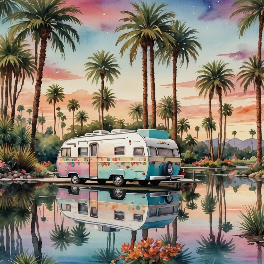Retro Holiday Camper by Serene Lake in Watercolor