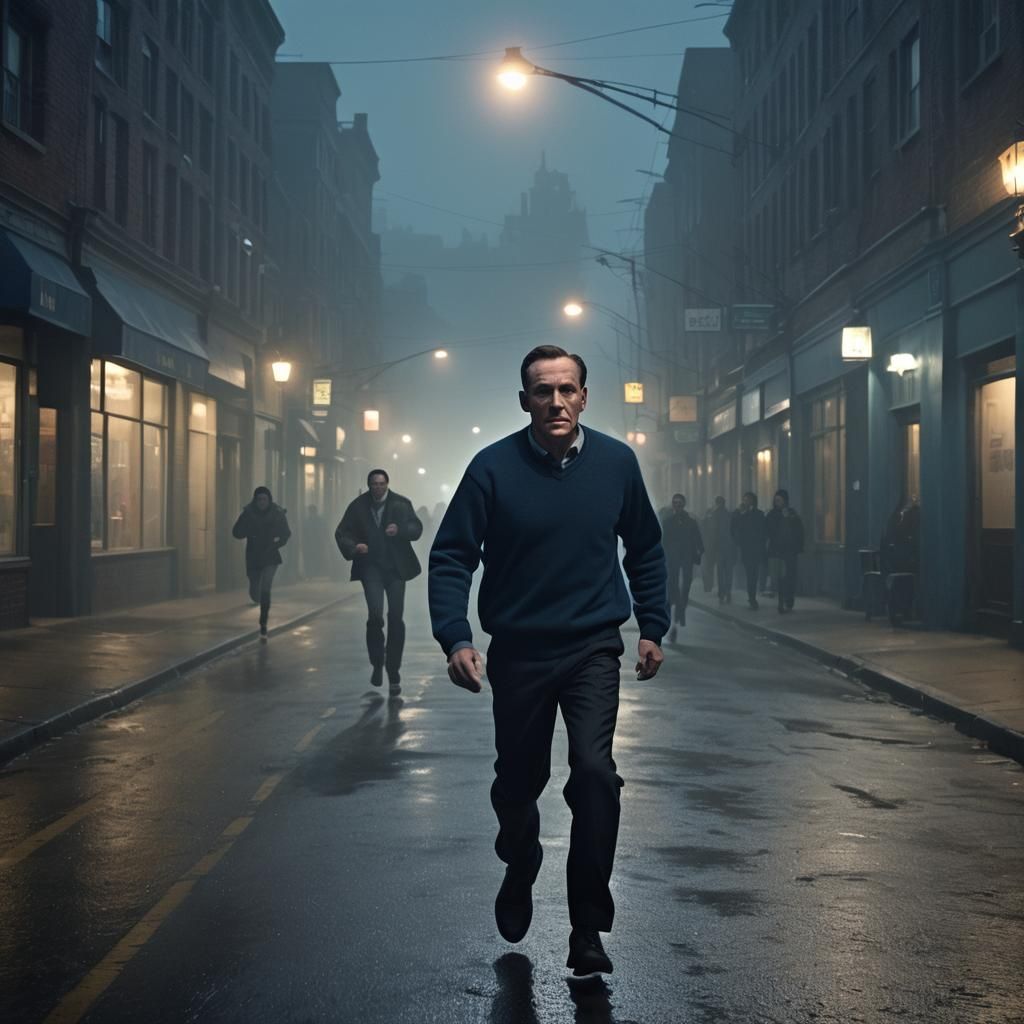 Cinematic Scene: Man Runs from Military Patrol at Night