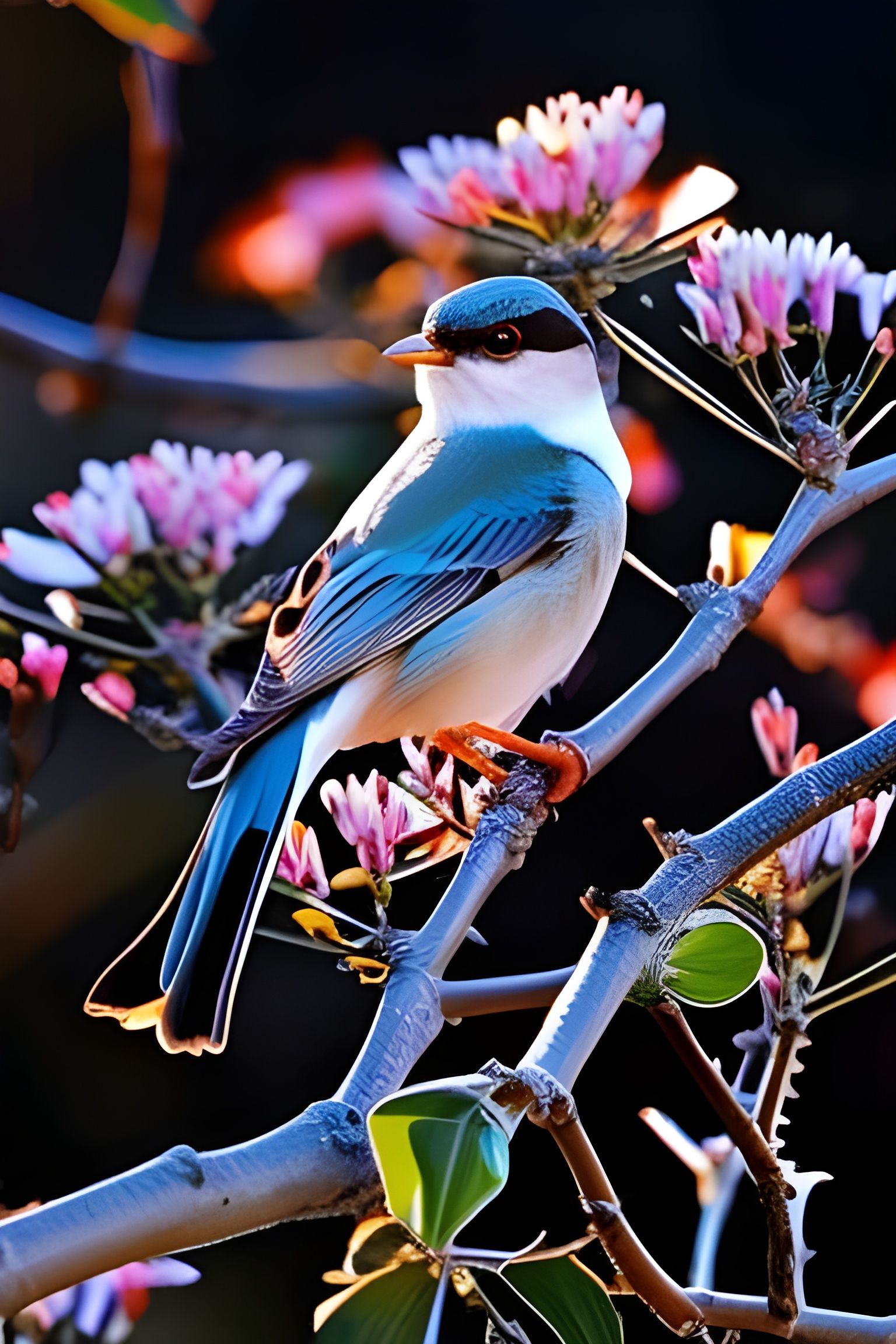 Colorful Bird on Blooming Branch at Sunset
