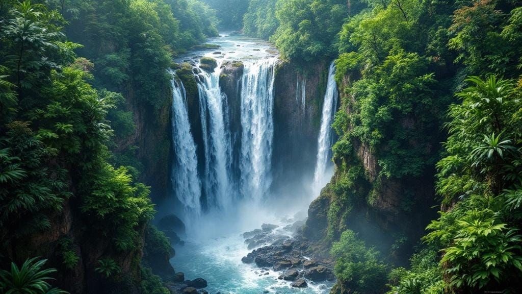 Vibrant Rainforest Waterfall in Hyperrealistic Style