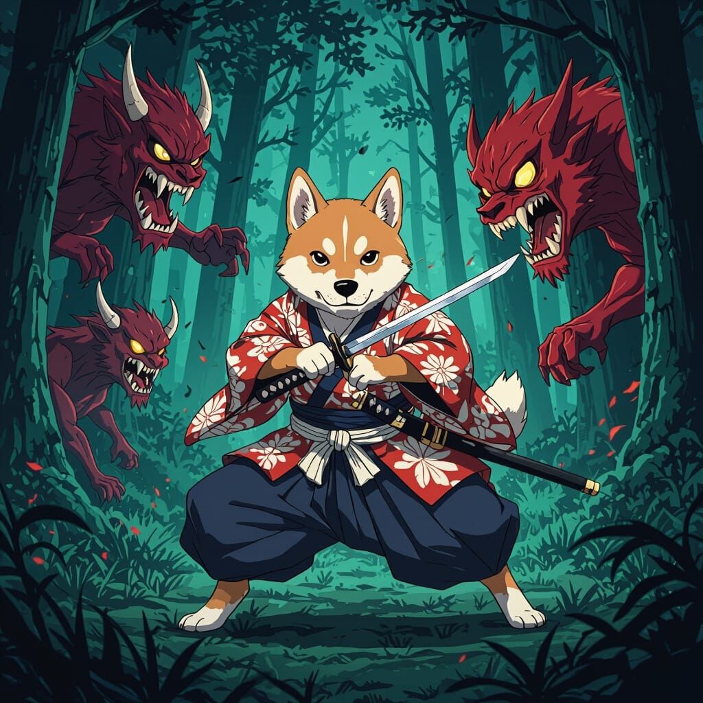 Dog Battles Demons with Sword in Anime Style