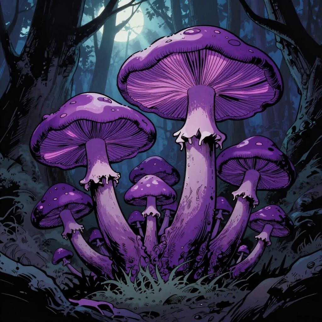 Glowing Purple Mushrooms in Comic Book Style
