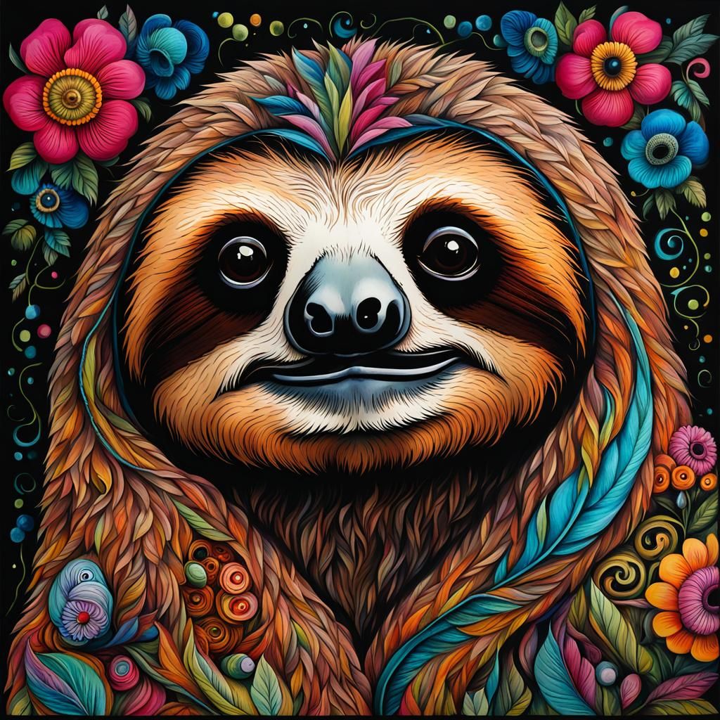 Sinister Sloth Portrait in Folk Art Style
