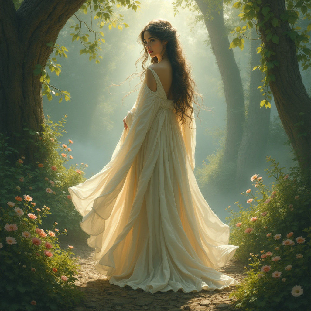 Ethereal Woman in Misty Landscape, Dreamlike Art
