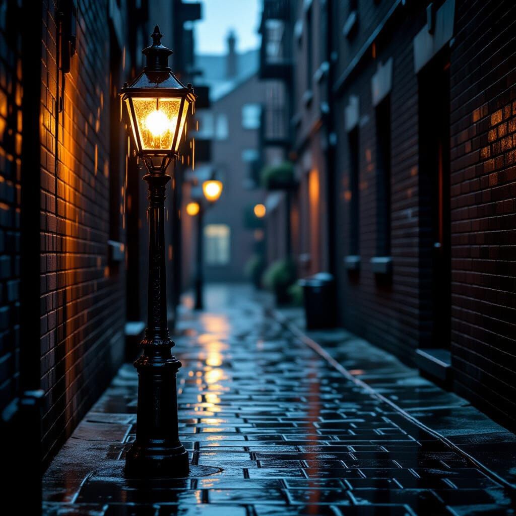 Grumpy Streetlamp in Moody Alleyway
