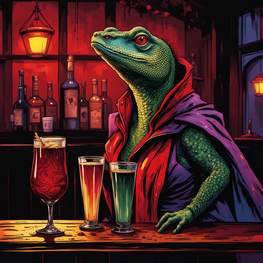 Lizard Woman Drinks to Forget: Grim Horror Illustration