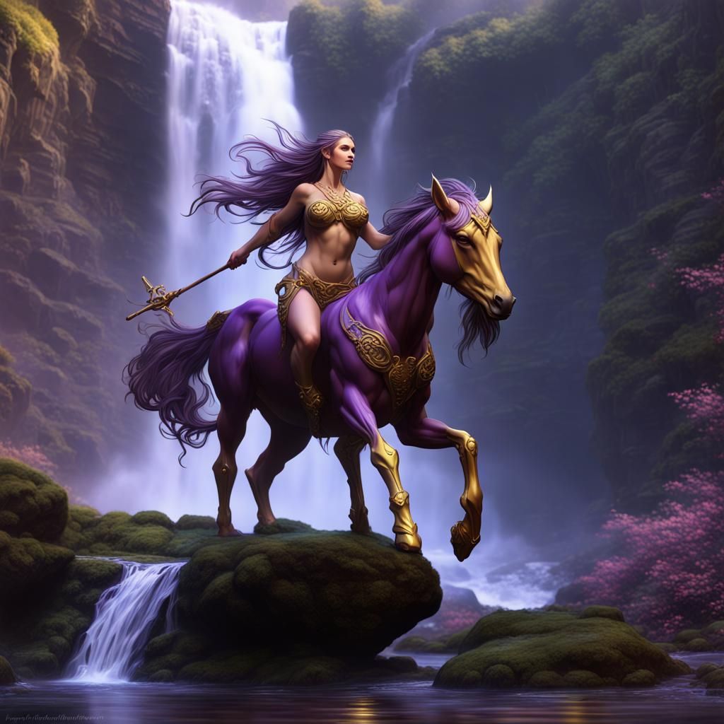 Gorgeous Female Centaur at Waterfall: Dark Fantasy Art