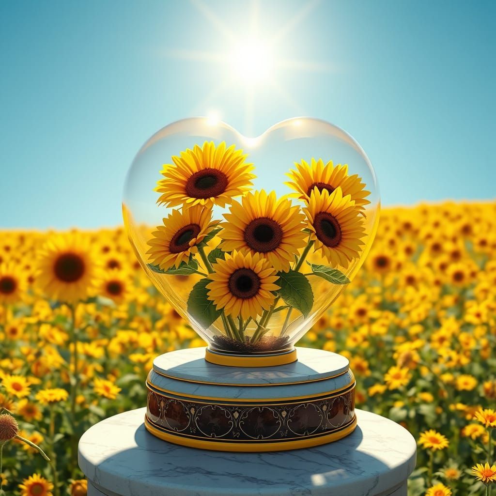 Surreal Summer Sunflower Fantasy on Marble Pedestal