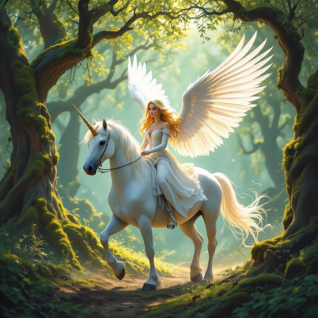 Ethereal Angelic Woman Rides Unicorn in Enchanted Forest