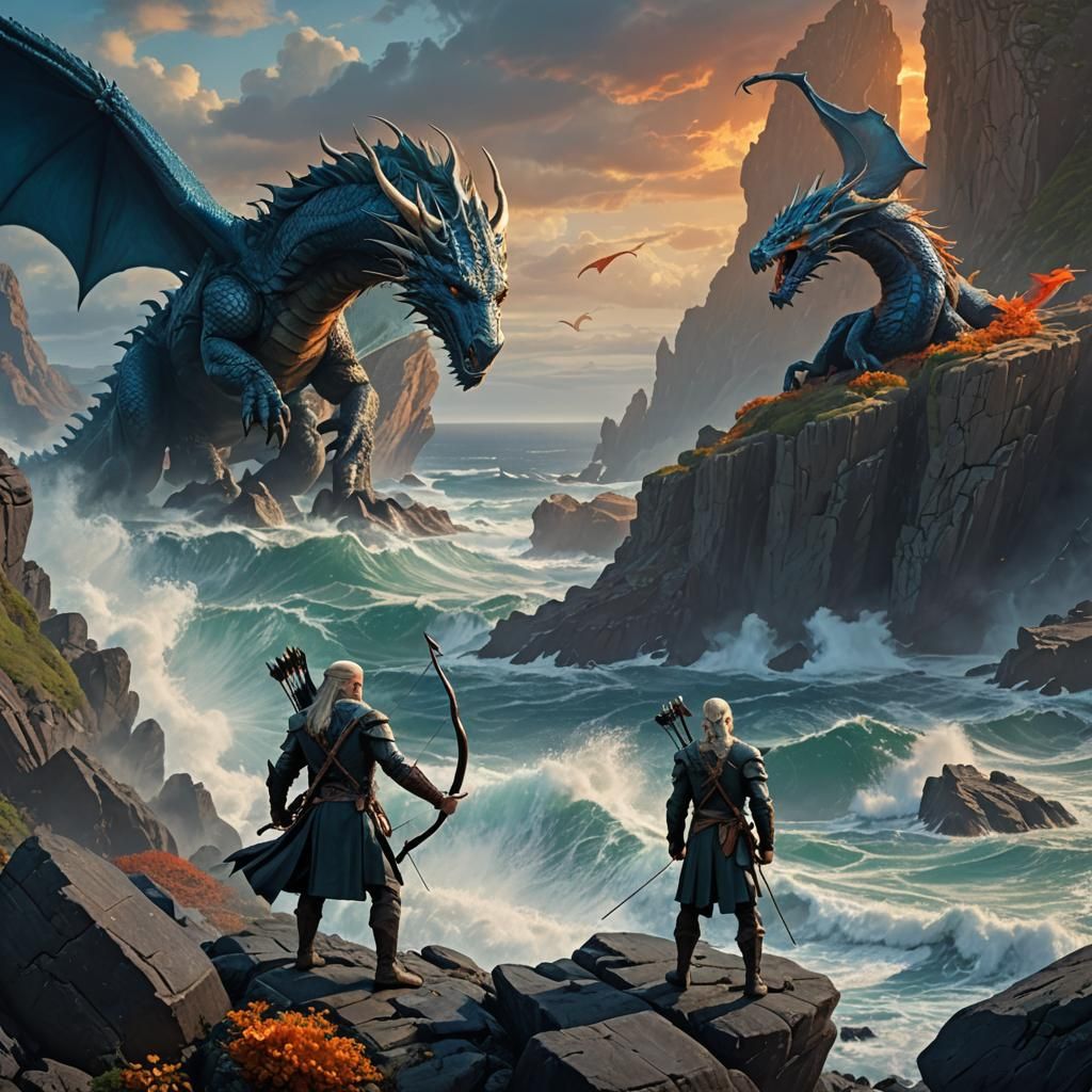 Legolas and Dragon on Coastline, Art Nouveau Style