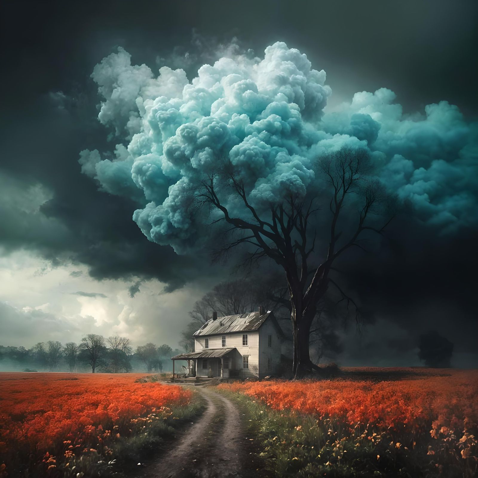 Isolated Cabin Under Stormy Sky, Surreal Landscape