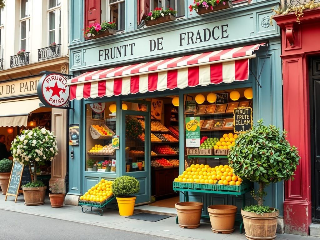 Vibrant Parisian Fruit Store Scene in a Whimsical Style