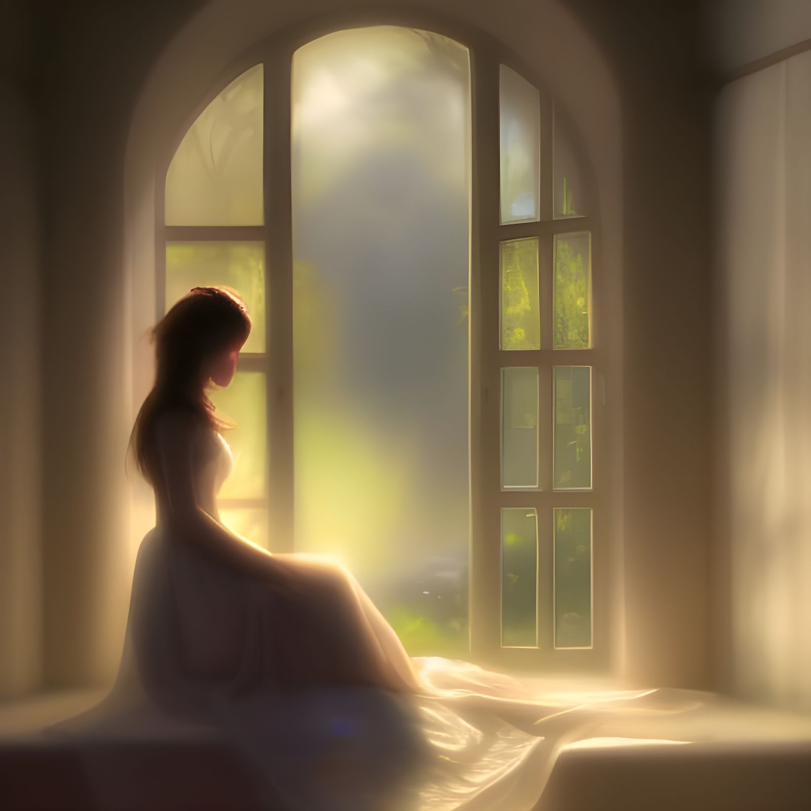 Sad Woman in Sunlight: Ethereal Digital Painting