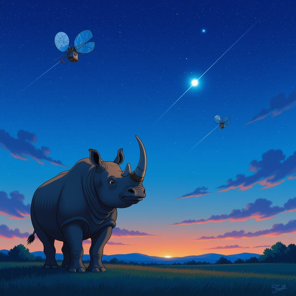 Curious Rhinoceros Gazes at Stars in Fantasy Night Sky