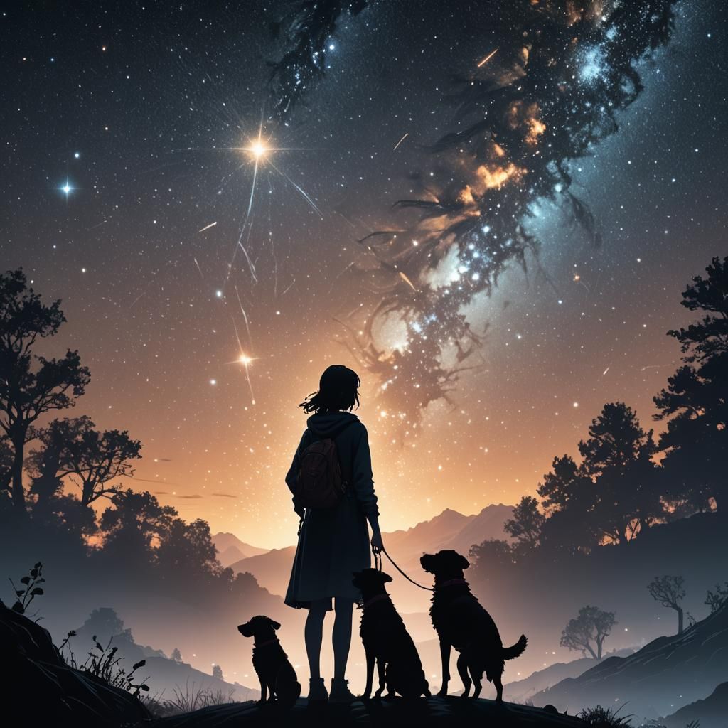 Stargazing Silhouette: Girl and Dog Under the Stars