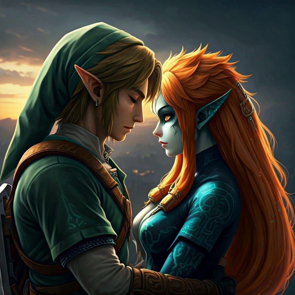 Link and Midna Embrace in Twilight, Oil Painting Style