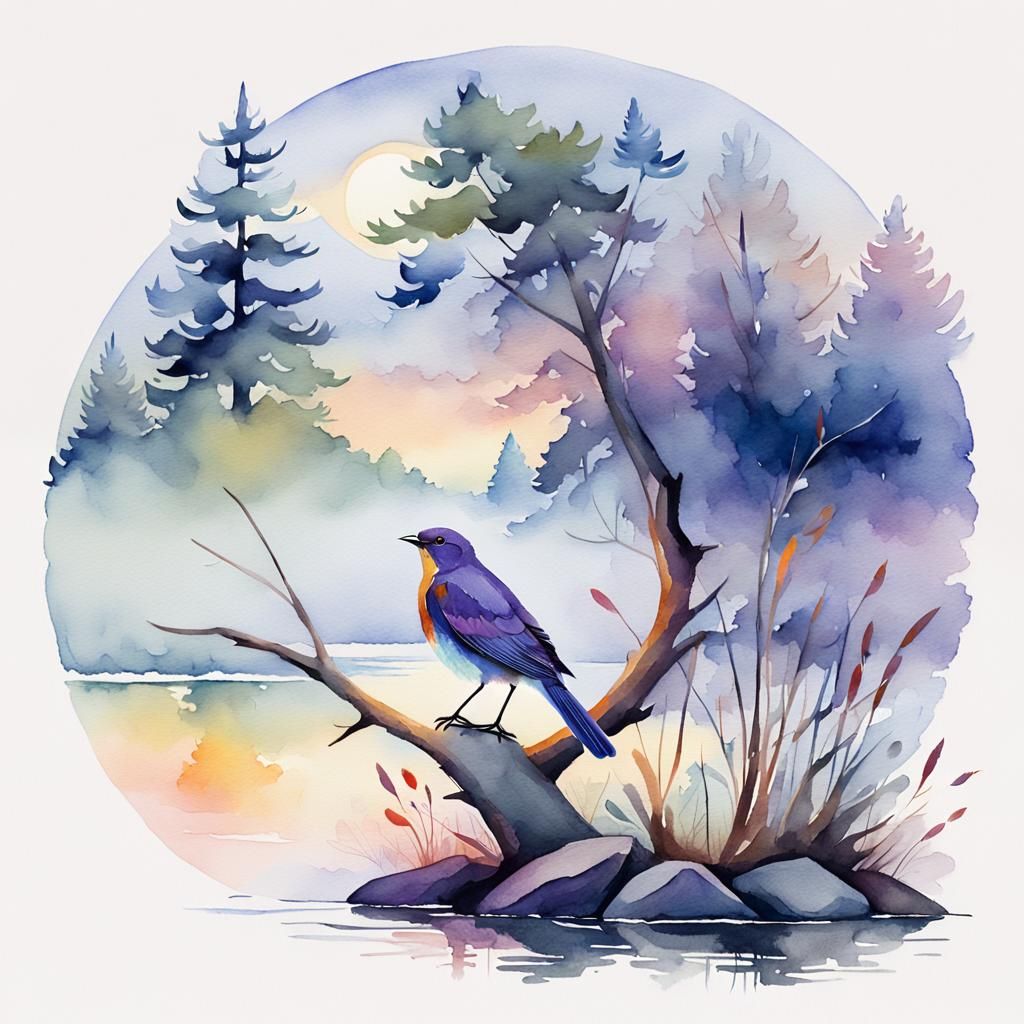 Fauvist Watercolor Nightingale on Misty Lake