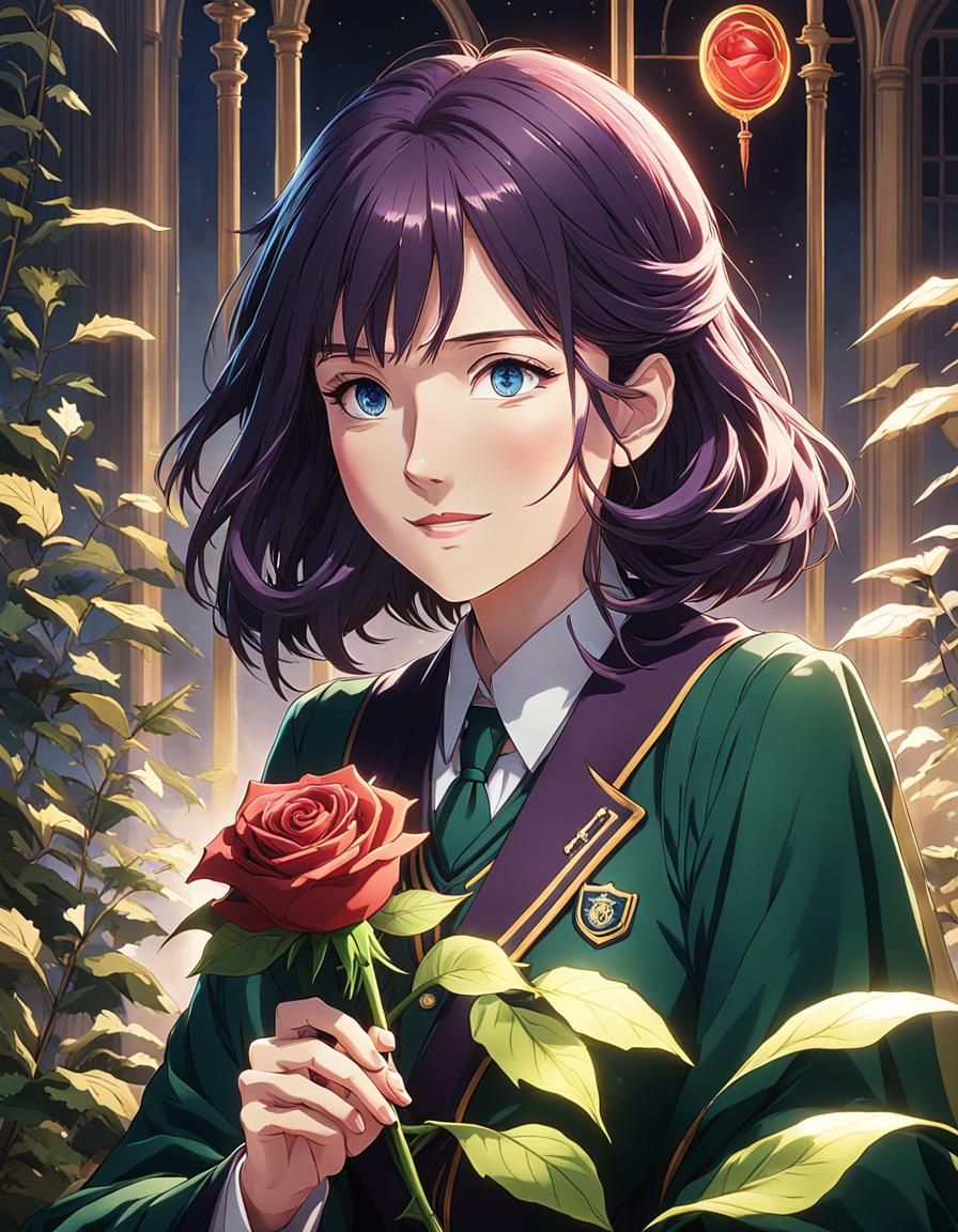 Anime Girl in Hogwarts Uniform with Rose