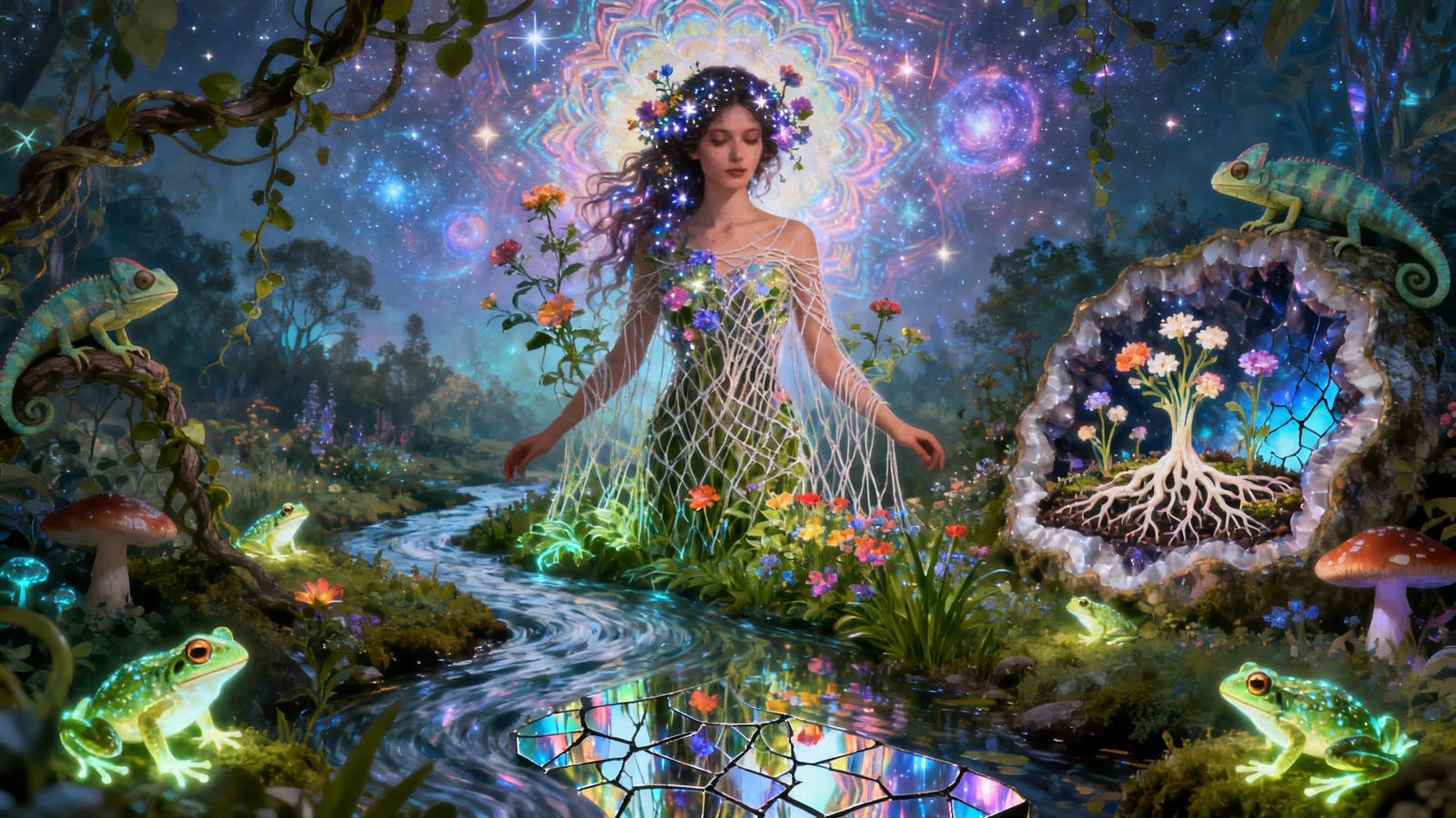 Cosmic Woman in Surreal Garden, Psychedelic Eco-Art Style