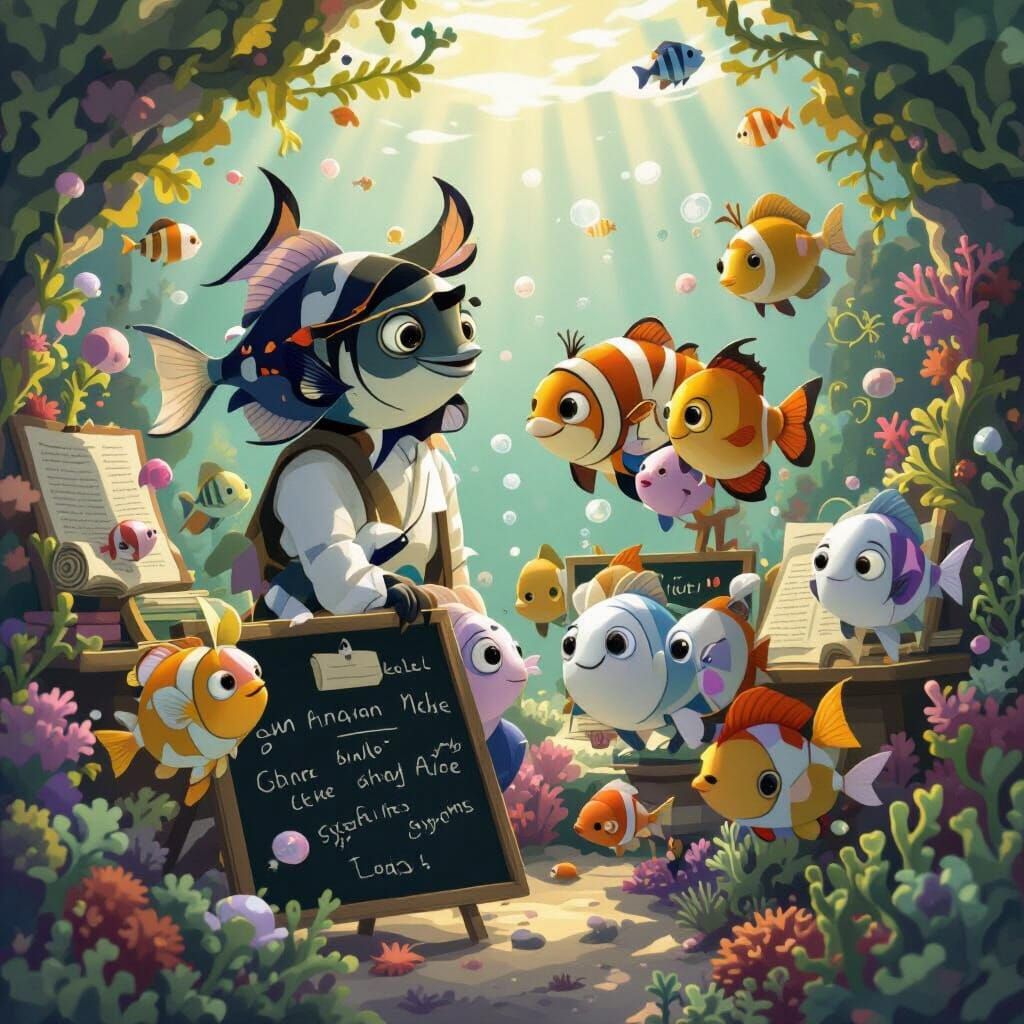 Fish School Learning Underwater in Coral Reef Classroom