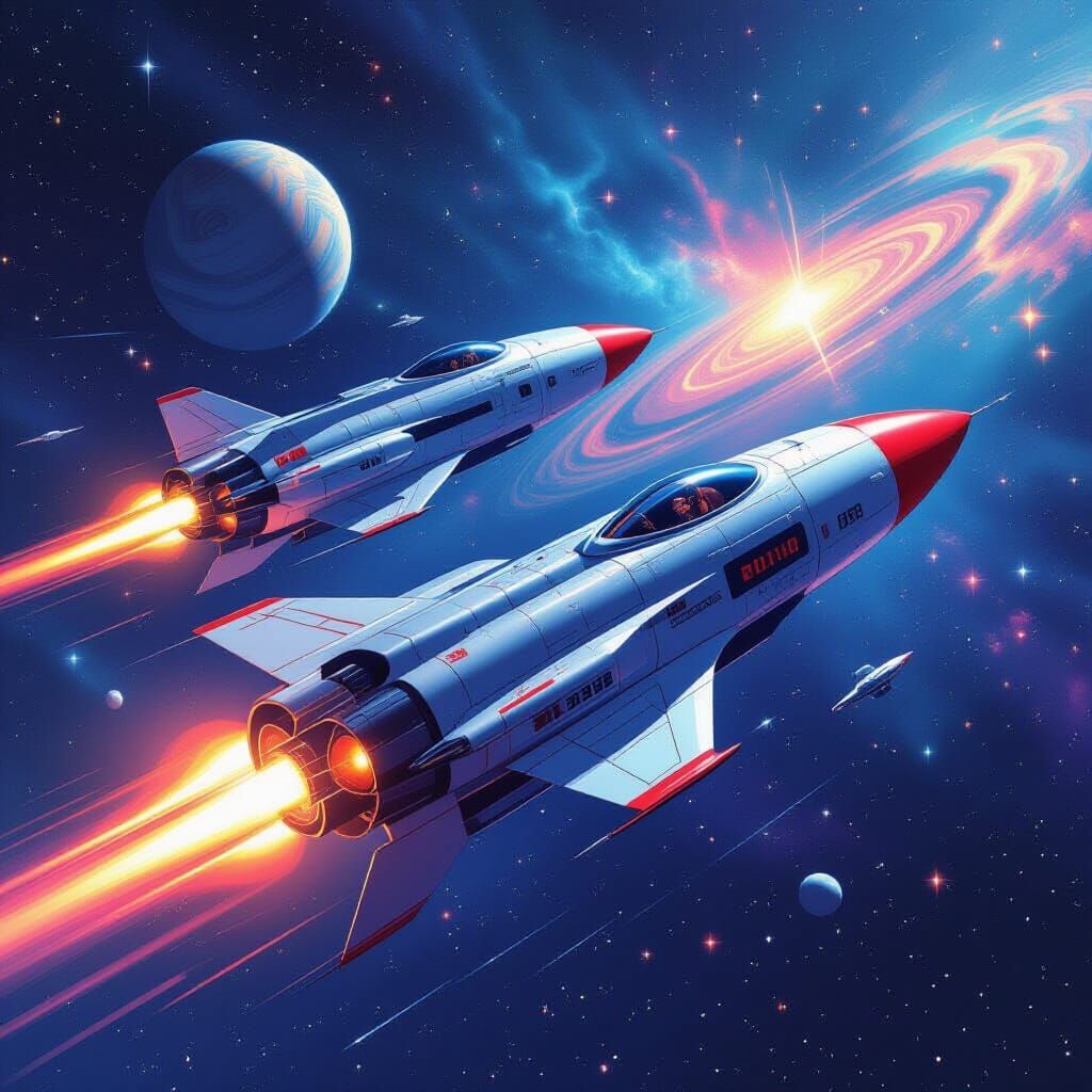 Retro-Futuristic Rocket Ships Soaring Through Starry Galaxy