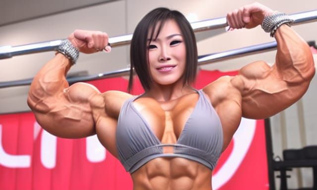 Muscular Chinese Female Bodybuilder Flexing Biceps